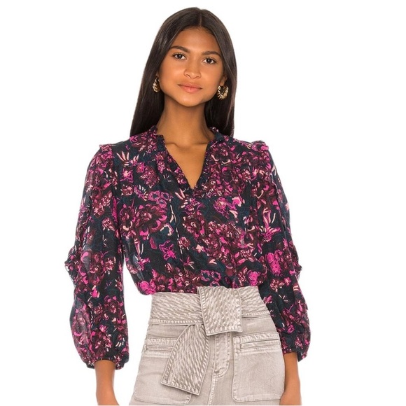 ULLA‎ JOHNSON Rana Blouse Size 2 Midnight Floral Puff Sleeve Cotton Ruffles - Picture 1 of 10